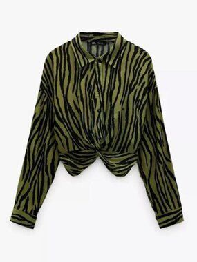 Zara green zebra print blouse with tie front detail. Size: XS